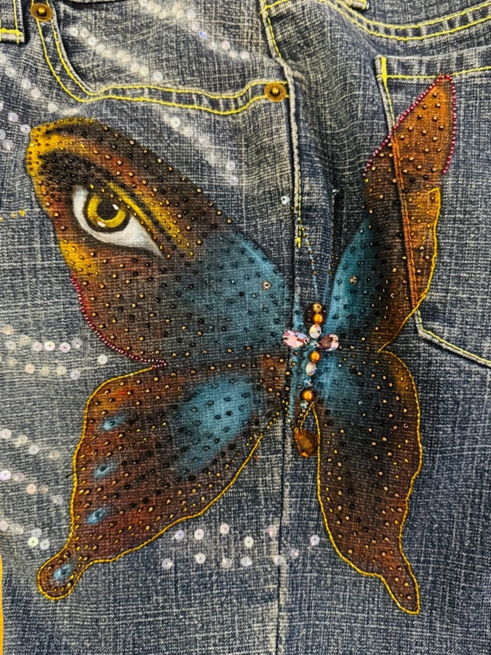 Embellished-Chic-One of a Kind Dark Blue Wide Leg Jeans with Artistic 3D Detail - Picture 5 of 10